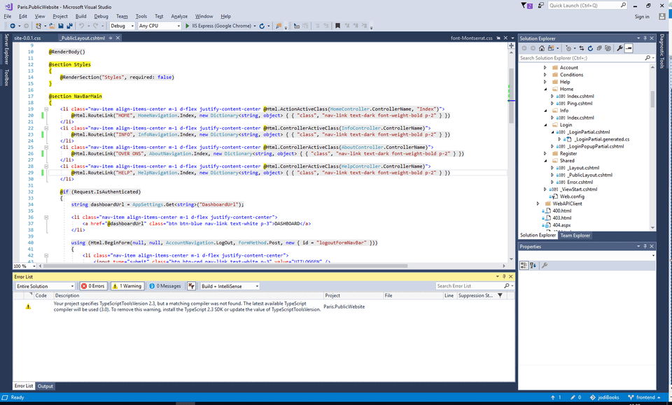 Screen of the Visual Studio editor with CSS and HTML