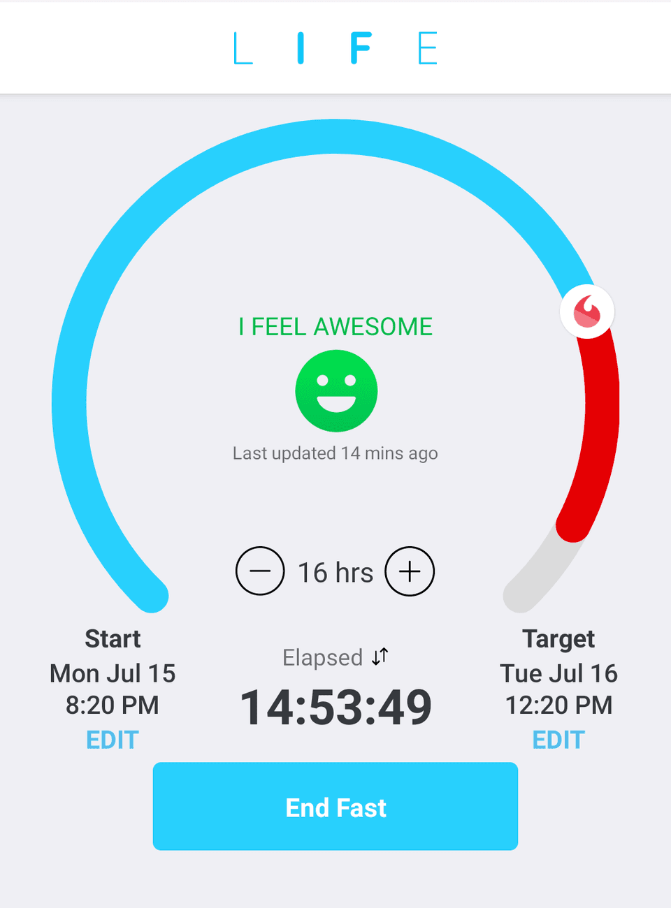 Screenshot from the LIFE app which tracks your fast.
