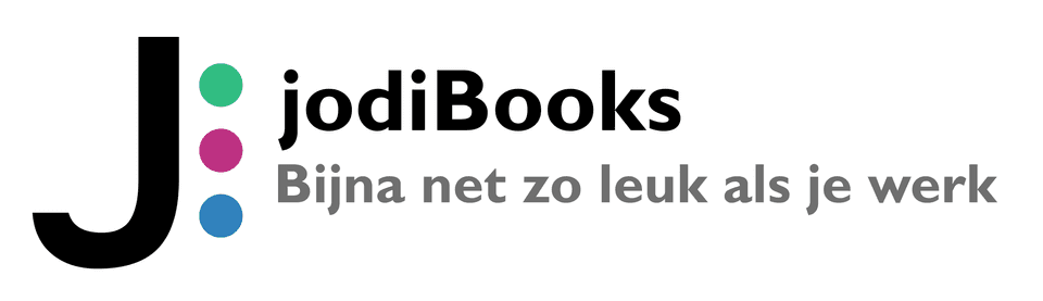 The jodiBooks logo saying "Almost as fun as your work" in Dutch.