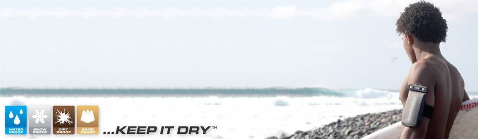 Commercial banner with man holding a surfboard looking at the sea