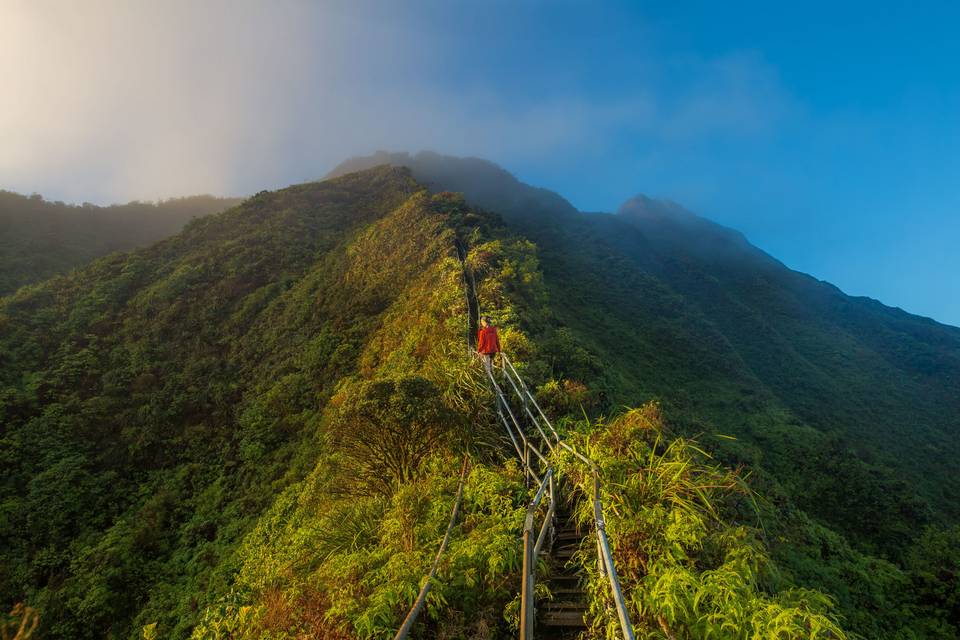 Narrow path with stairs on top of a mountain ridge